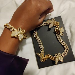 Butterfly Gold Cuban link Necklace Set